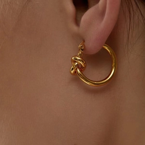 French style 18K gold knot hoop earrings with high-polished mirror finish for women