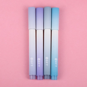 Close-up of 4 gradient color highlighters with SOFT text on minimalist pink background