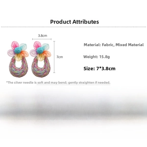 Detail of colorful woven lace flower earrings with S925 silver needles and 7x3.8cm size