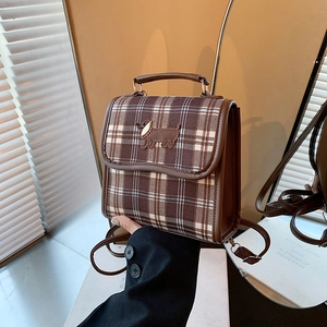 Mini Backpack PU Leather Plaid Fabric Embroidered Dachshund Dog British College Style Versatile Shoulder Handbag Women