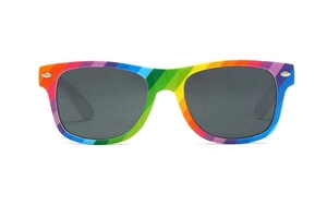 Front view detail of rainbow striped square frame sunglasses with dark lenses
