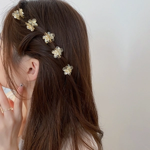 Close-up of five mini amber resin flower hair clips styling a braided hairstyle