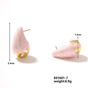 Detail view of pink marble teardrop earrings with gold accents and 2.4cm dimensions