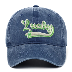 Vintage blue washed baseball cap with Lucky embroidery and clover for St. Patrick's Day