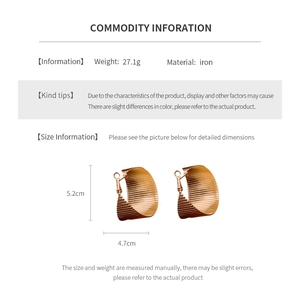 Detailed size specifications for gold geometric earrings, weight 27.1g, material iron