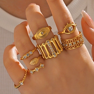 Evil Eye Crown Leaf Rings For Women Stainless Steel Gold Plated Rhinestone Inlaid Adjustable Jewelry Fashion
