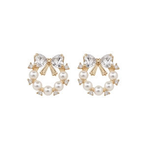 Elegant gold bow earrings with crystal hearts and white pearl wreath for women