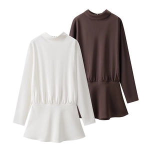 Robe Courte Élégante En Satin Manches Longues Col V Nœud Écharpe Ourlet À Volants Coupe Ajustée