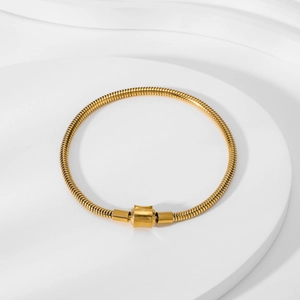 Detail of 18K gold-plated titanium steel snake chain bracelet with square buckle closure