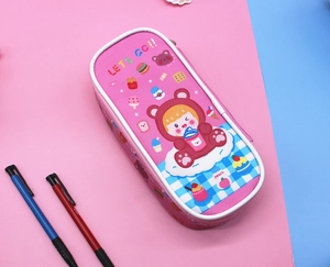 Detail view of pink leather cartoon pencil case with food illustrations and zipper closure