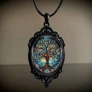 Vintage Gothic Crow Cross necklace featuring a colorful Tree of Life pendant on black cord
