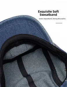 Detail of the soft black cotton sweatband inside the washed denim baseball cap