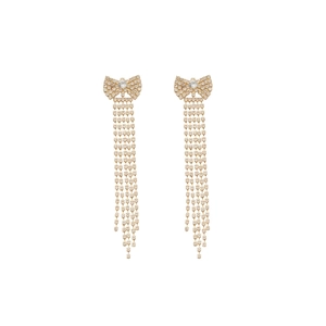 Elegant gold bow earrings with long tassel rhinestones and crystals on white background