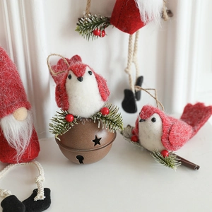 Christmas gnome dolls with red felt birds and vintage bells for festive hanging decoration