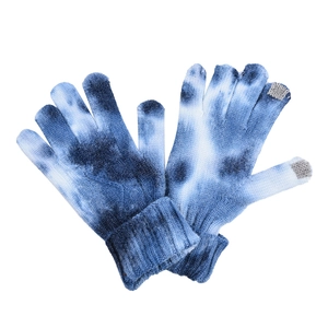 Detail showing blue tie-dye knit gloves with gray touchscreen-compatible fingertips