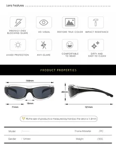 Detailed size guide and specifications for PC frame cycling sunglasses with UV400 protection