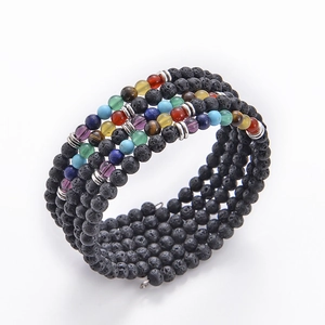 6mm Lava Rock Multi-layer Wrap Bracelet with Seven Chakra Stones and Silver Spacers