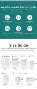 Detailed size chart for mesh laundry bags showing dimensions for various garment types