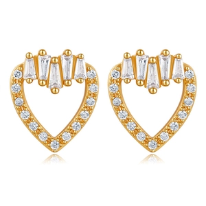 Elegant gold heart-shaped stud earrings with sparkling cubic zirconia on a white background