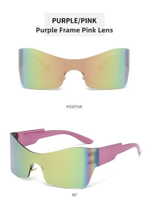 Detail of purple rimless Y2K sunglasses with colorful gradient lenses and wide temples