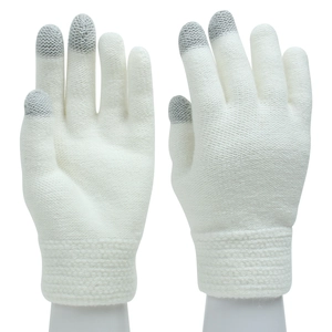 Detail of white knit touchscreen gloves showing grey conductive yarn on three fingertips