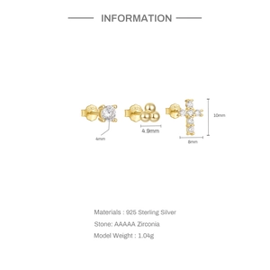 Detailed view of three 925 sterling silver gold earrings with AAAAA zircon sizes and weight