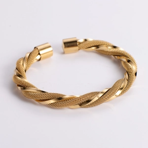 Adjustable 18k gold plated stainless steel twisted mesh open bangle for women