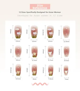 Size chart showing 12 dimensions of aurora butterfly press-on nails for ballet shape