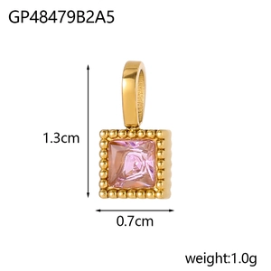 Detailed view of 1.3cm gold 18K plated pendant with square pink zircon gemstone
