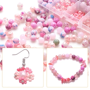 Close-up of pink DIY jewelry kit with mixed glass beads and finished bracelet