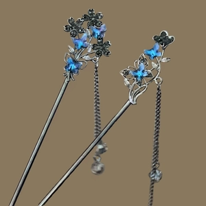 Vintage Chinese style blue butterfly hairpins with silver tassels and floral details