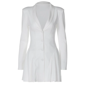 Detail shot of white long-sleeved blazer dress featuring a lapel collar and pleated hem
