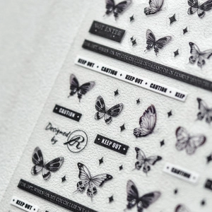 Butterfly Nail Art Stickers 5D Dark Punk Style Black White Thin Waterproof DIY Manicure Decoration Decals Caution Motif