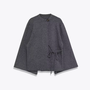 Knitted Cardigan Round Neck Single Button Flare Sleeve Waist Tie Elegant Grey Women Polyester Spandex Top