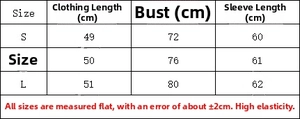 Detailed size chart for women's V-neck long sleeve T-shirt with S M L measurements