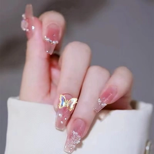 Faux Ongles Longue Forme Cercueil Ombré Rose Avec Papillon 3D Rose Künstliche Perles Strass Style Doux INS Pour Femmes