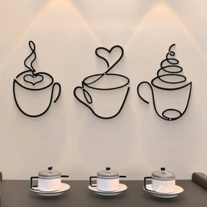 Minimalist black metal line art coffee cup wall decor set of 3 for modern cafe interiors