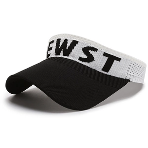 Women's knitted open top sun hat in black and white with NEW ST letter embroidery
