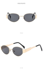 Detailansicht der gold-schwarzen ovalen Sonnenbrille mit Metallrahmen aus zwei Perspektiven