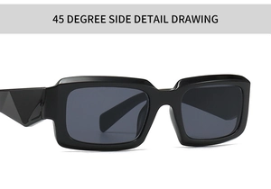 Detailansicht der schwarzen rechteckigen Sonnenbrille mit geometrischen Bügeln