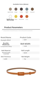 Detailed size specifications for women's genuine leather belt with 1.5cm width and cowhide texture