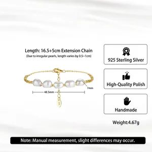 Handmade S925 sterling silver bracelet featuring natural freshwater pearls with adjustable chain