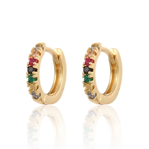 Chic gold earrings set with multicolored cubic zirconia crystals in a classic hoop design