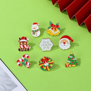 Detailed set of 8 festive Christmas enamel pins featuring Santa, reindeer and snowman
