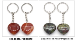 Detail of 30mm heart-shaped Red Agate and Dragon Blood stone keychains with silver rings