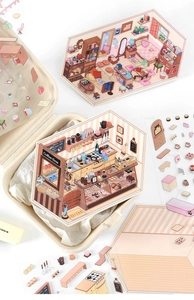 Detail view of 2.5D miniature scene stickers with indoor cafe and bedroom themes