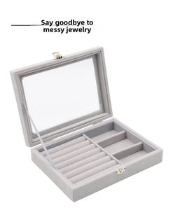 Macro view of velvet jewelry box with glass lid and multiple storage compartments