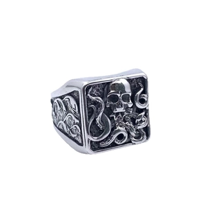 Gothic retro stainless steel ring featuring skull and serpent relief in silver finish