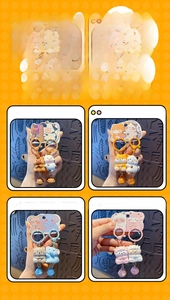 Detail of resin animal couple keychains with metal bells and matching art cards