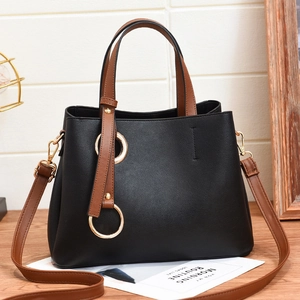 Women Large Capacity PU Leather Tote Bag Litchi Grain Handbag With Gold Ring Decor Contrast Handles Shoulder Crossbody Bag